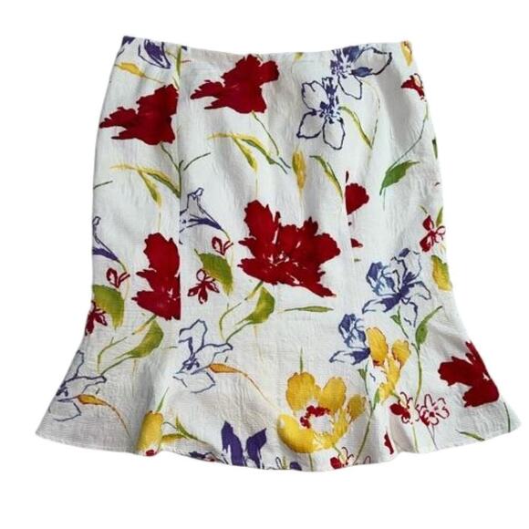 David Meister Fluted Embossed Cotton Skirt Floral Red Yellow Poppies Size 14 - Picture 10 of 10